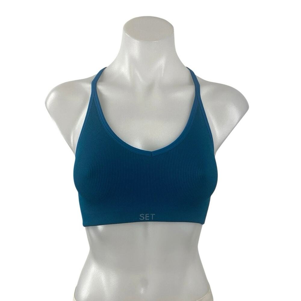 Set Active Blue Ribbed Knit Yoga Workout Athletic Sports Bra Crop Top Size S